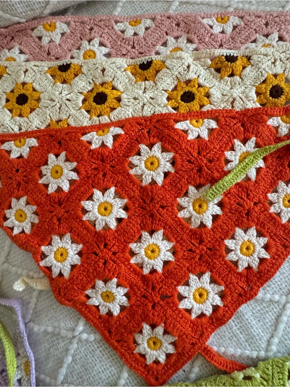 Handmade Daisy Crochet Bandana Scarf - Pink, Orange, Green, Lavender